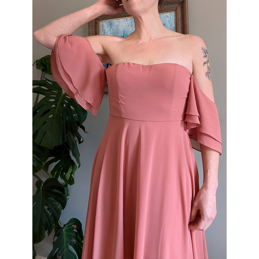 Lulus Abbington Gown Off Shoulder Flutter Sleeve Dusty Rose Chiffon Bridesmaid - Picture 2 of 16